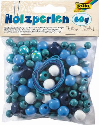 Bild von Holzperlen sort. mit Band - blau/türkis